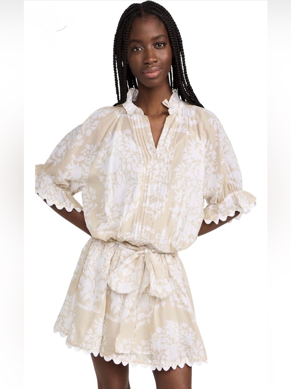 juliet dunn london Relaxed Ruffle-Neck Beige & White Floral Popover dress belted